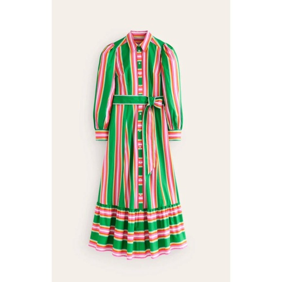 Boden Green Pink Multi Stripe Maxi Shirt Dress Ruffle Hem | Size 8P - Picture 7 of 14